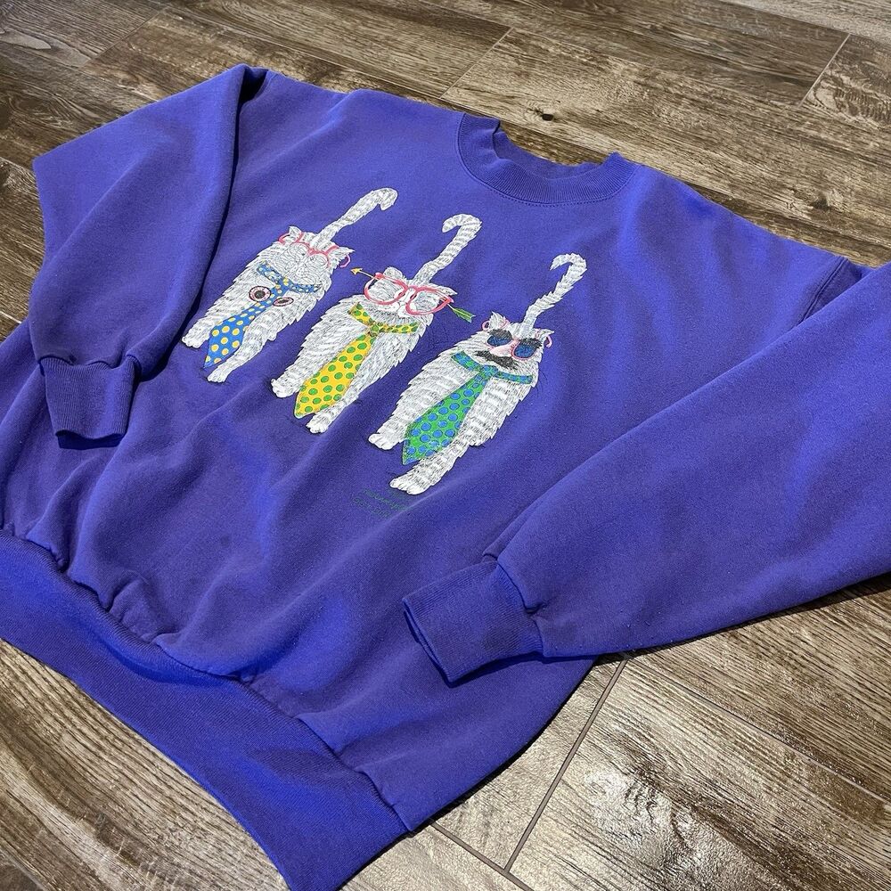 Vintage 1991 Get Serious Sweatshirt Womens Large Purple Cat Crewneck  Funny